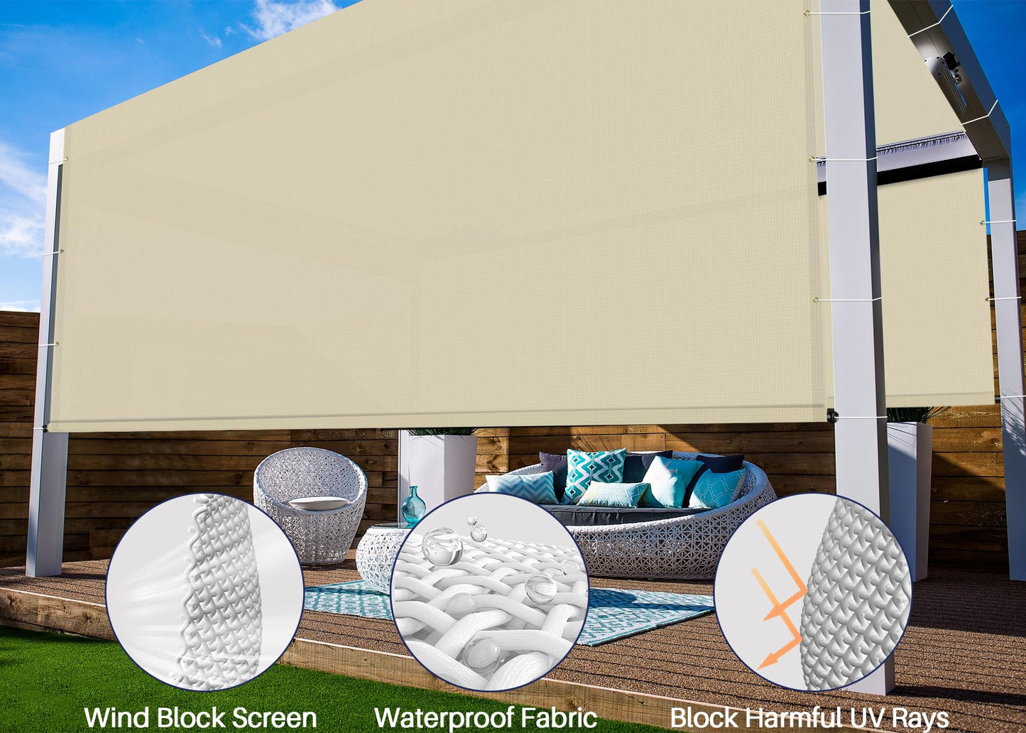 Windscreen4less 16' x 5' Universal Waterproof Replacement Shade Cover Canopy for Pergola Patio Privacy Shade Screen with Grommets on 2 Sides Includes Weighted Rods UV Block Beige