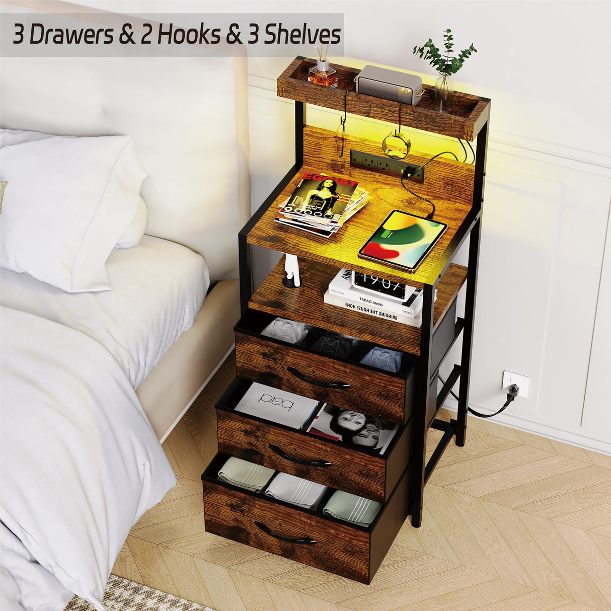 SZLHANJZ Nightstands Set of 2 with Outlet and USB C Port, Bedroom Night Stand with Led Lights and 3 Fabric Drawers, Matching Bedside Tables with Hooks, Vintage Style Storage End Tables, Rustic Brown SZLHANJZ
