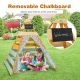 Costzon Kids Tent, Large Wooden Indoor Outdoor Triangle Hideaway Playhouse with Machine Washable Flags, Removable Chalkboard & Door Curtains, Teepee Tent for Kids Children 3-8 Years Old Costzon