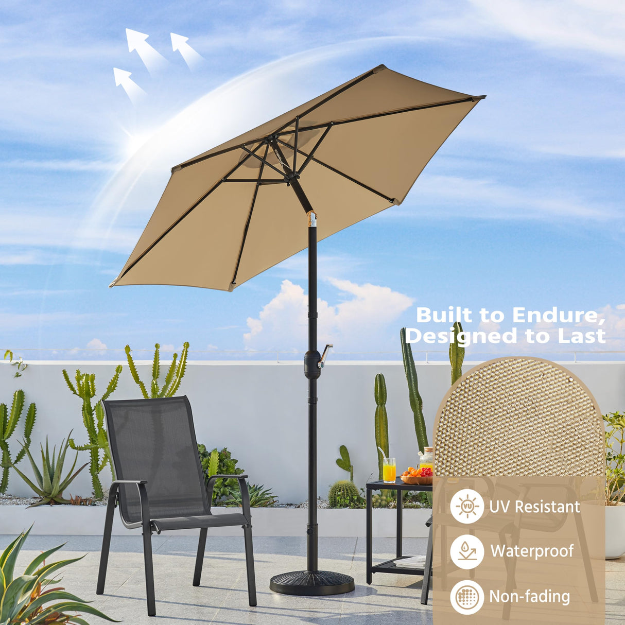 Yaheetech Outdoor Patio Umbrella, 7.5ft Table Market Umbrella with Push Button Tilt and Crank & Sturdy Ribs UV Protection for Garden, Deck, Backyard, Pool, Tan Yaheetech
