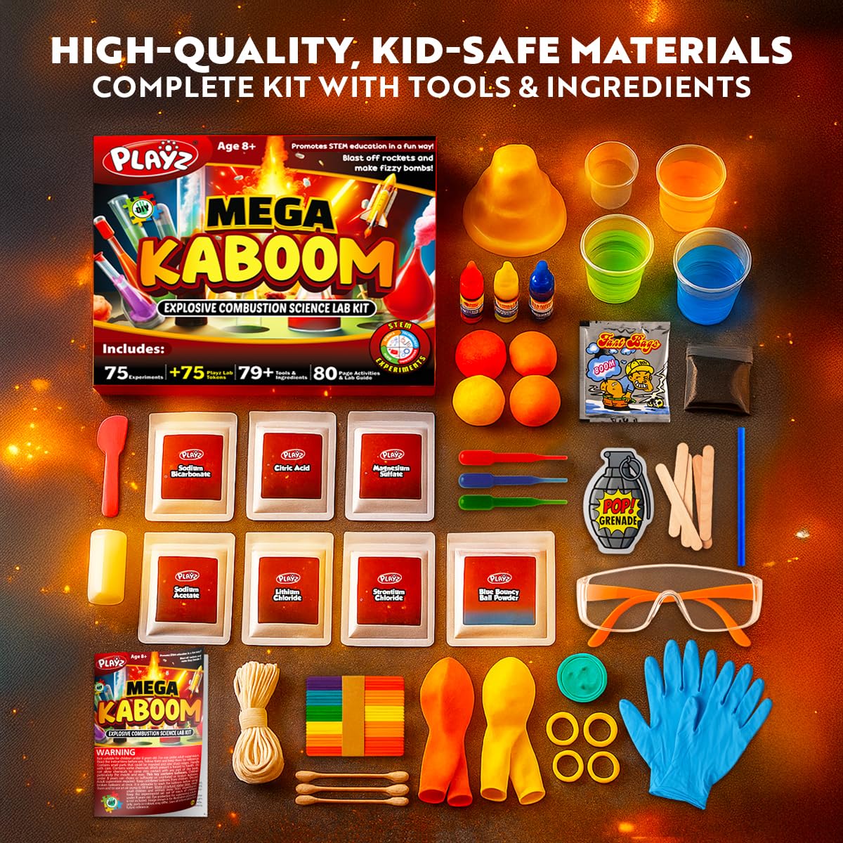 Playz Mega Kaboom! 150+ Explosive Science Experiments Kit for Kids Age 8-12 with 75 App & Video Guided Experiments - Chemistry Set STEM & Educational Toys & Gifts for Boys, Girls, Teenagers & Kids Playz