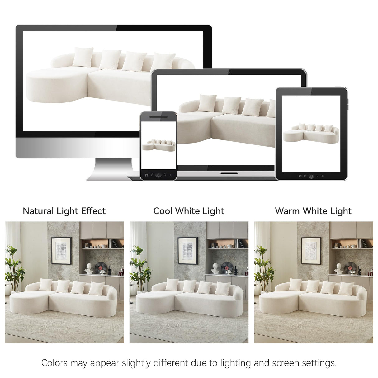 104.3" Boneless Curved Couch, l Shaped 4-Seater Cloud Couch with Deep Seat Chaise, Oversized Curved Sofa, Chenille Modular Sectional Couches for Living Room, No Assembly, Beige Abbrevi