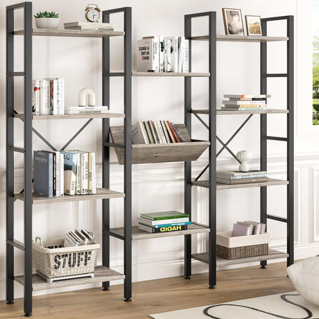 Shintenchi Industrial Bookcase,71.6” Triple 4 Tier Bookshelf with 11 Open Display Shelves,Large Etagere Bookshelf Open Record Player Shelves,Wide Book Shelf Book Case for Home & Office, Grey Shintenchi
