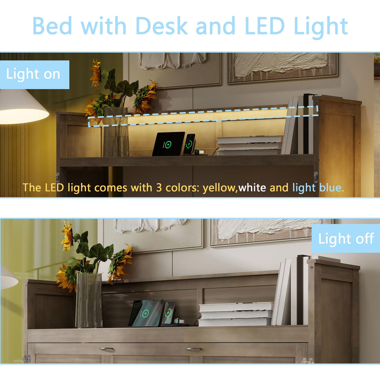 Polibi Twin XL Size Horizontal Murphy Bed with Desk,LED Light and USB Charging Station,Murphy Cabinet Bed for Living Room,Guest Room,Gray Wash Polibi