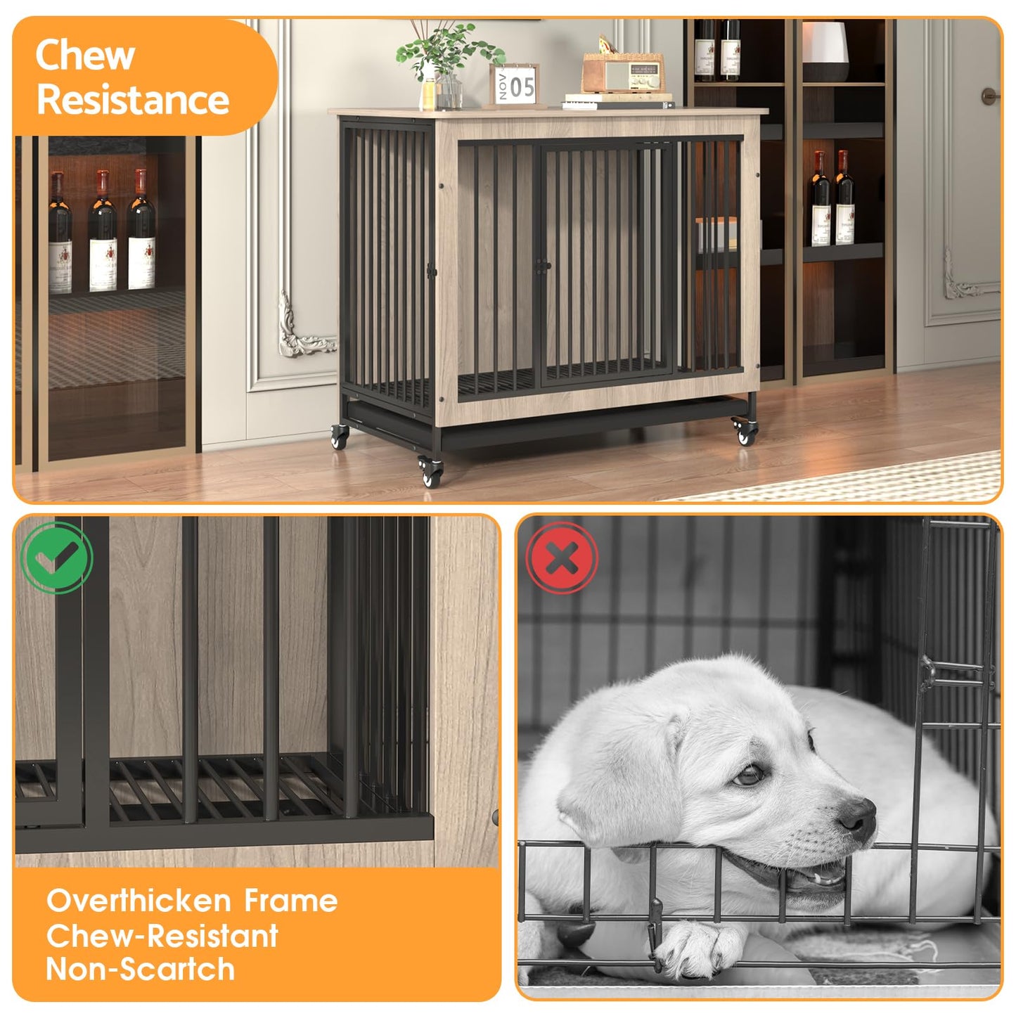 Advwin Dog Crate Funiture Style,Wooden Kennel Indoor with Removable Tray, 2 Doors, Heavy Duty Sturdy Corner End Table, Cage for Small Medium Large Dogs, 38.6" L x 23.4" W x 32" H, Beige