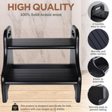 Acacia 2-Step Stool for Kid, Toddler Wood Step Ladder with 2 Handles, Safe Non-Slip Bottom, Rounded Corners, Supports up to 300 lbs, Perfect for Bathroom Bedroom (Black) Demigo