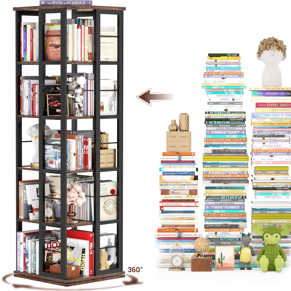 Aheaplus Rotating Bookshelf, Corner Bookcase, 360 Display Wood Spinning Bookshelves, Floor Standing Bookcase Narrow Shelf,5 Tiers, Rustic Brown Aheaplus
