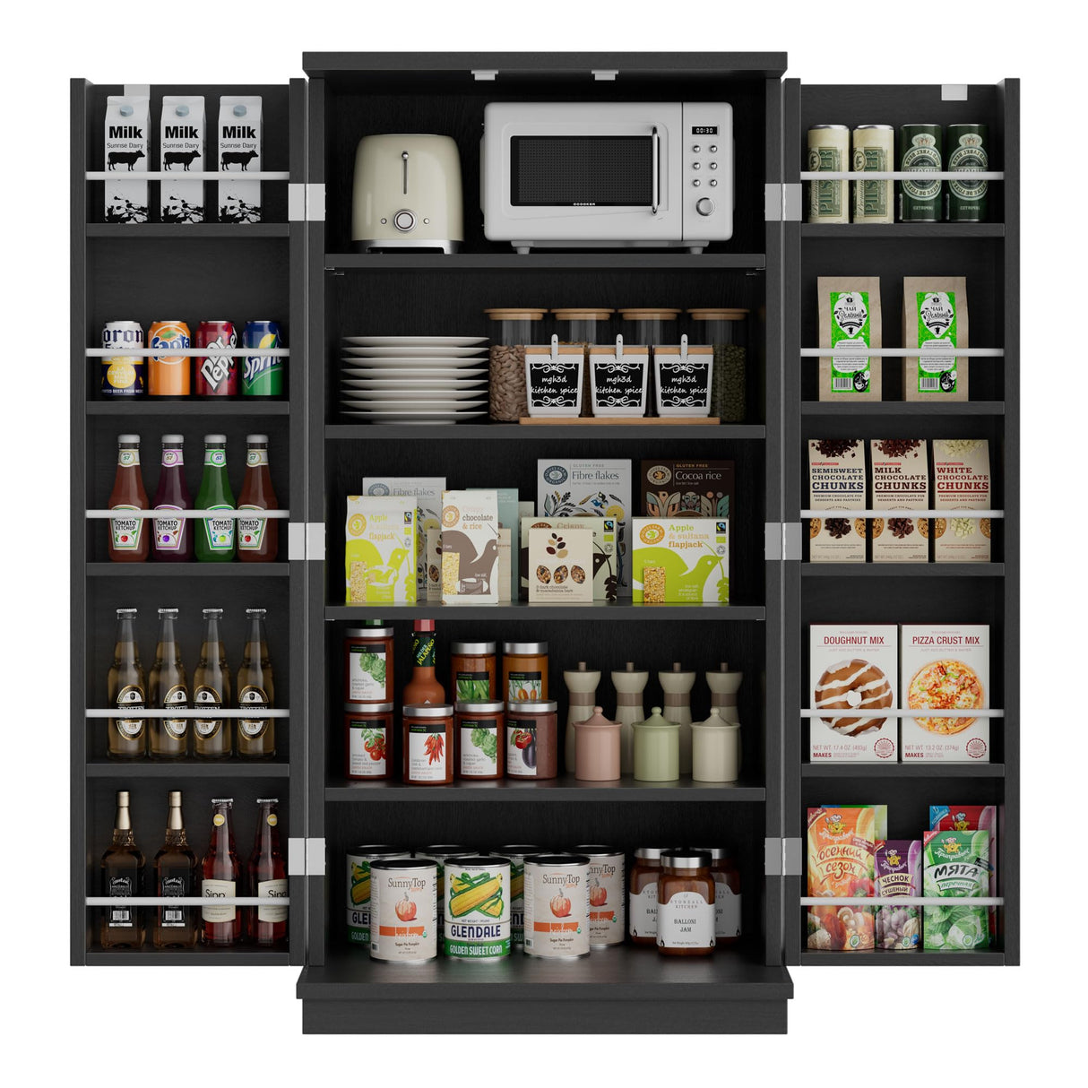 Meilocar 47in Kitchen Pantry Cabinet, Wood Kitchen Storage Pantry Cabinets Freestanding Pantry Cabinet with Doors & Adjustable Shelves, Pantry Cabinet for Kitchen, Living Room, Black Meilocar