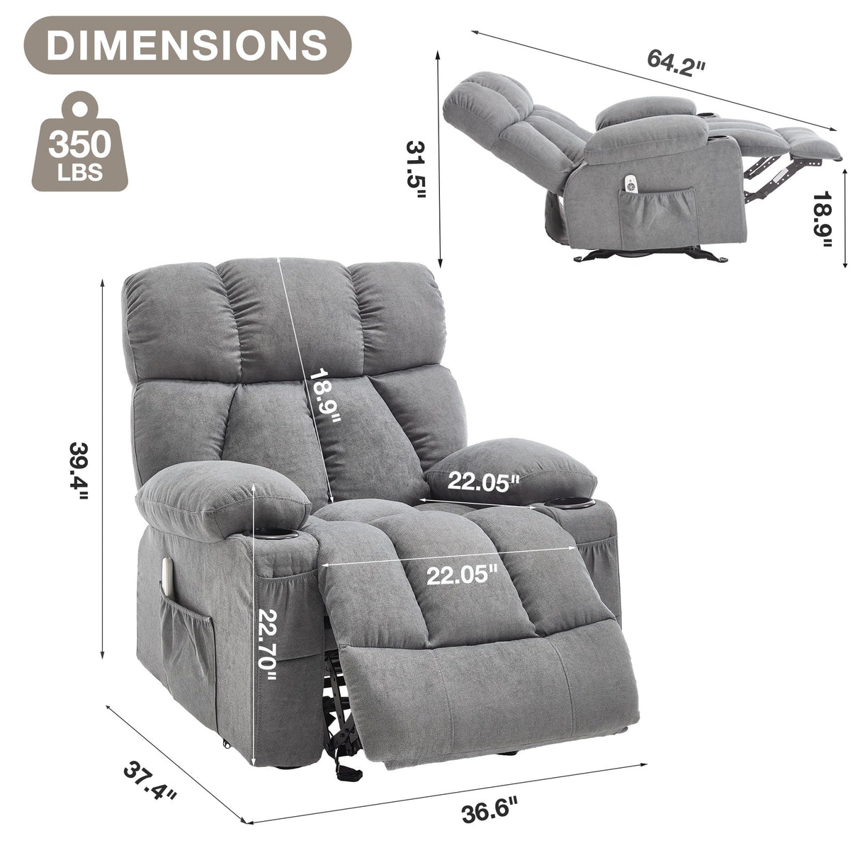 Massage Rocker Recliner Chair with Heat and Vibration Ergonomic Rocking Lounge Chair for Living Room Comfy Overstuffed Recliner with 4 Side Pockets,2 Cup Holders, USB Charge Port, Grey jonpony