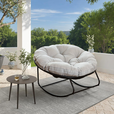 PPorfamilia Outdoor Rocking Chair, Patio Egg Rocking Chair with Heavy-Duty Steel, Indoor Papasan with Cloud-Like Comfort Cushion, Rattan Wicker Lounge for Bedroom, Living Room, Garden PPorfamilia