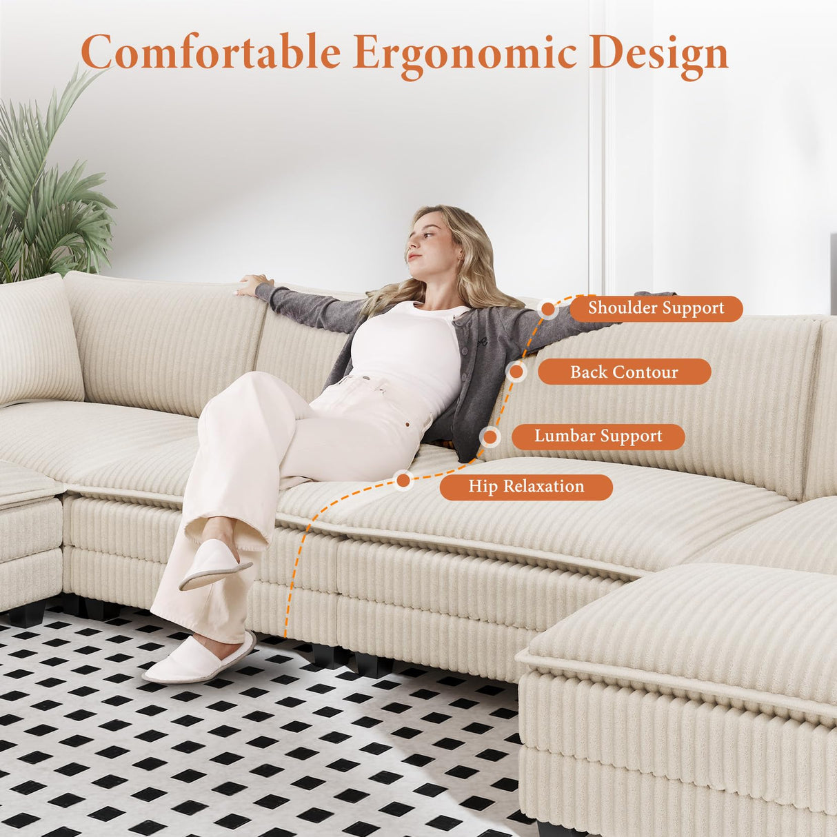 Vesgantti 109" U Shaped Cloud Sectional Sofa, Comfy Corduroy Upholstered Sectional Modular Sofas for Living Room, Modern Modular Couch with 2 Ottoman Deep Seat, Beige Vesgantti