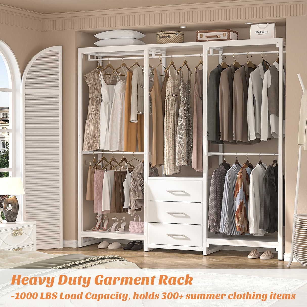 Aheaplus Garment Rack Heavy Duty Clothes Rack for Hanging Clothes,Clothing Rack with Drawers, Wood Stoarge Shelf Freestanding Closet Wardrobe Rack, Corner L Shaped Closet System Organizers, W3,White Aheaplus