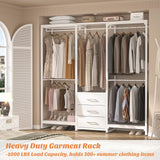 Aheaplus Garment Rack Heavy Duty Clothes Rack for Hanging Clothes,Clothing Rack with Drawers, Wood Stoarge Shelf Freestanding Closet Wardrobe Rack, Corner L Shaped Closet System Organizers, W3,White Aheaplus