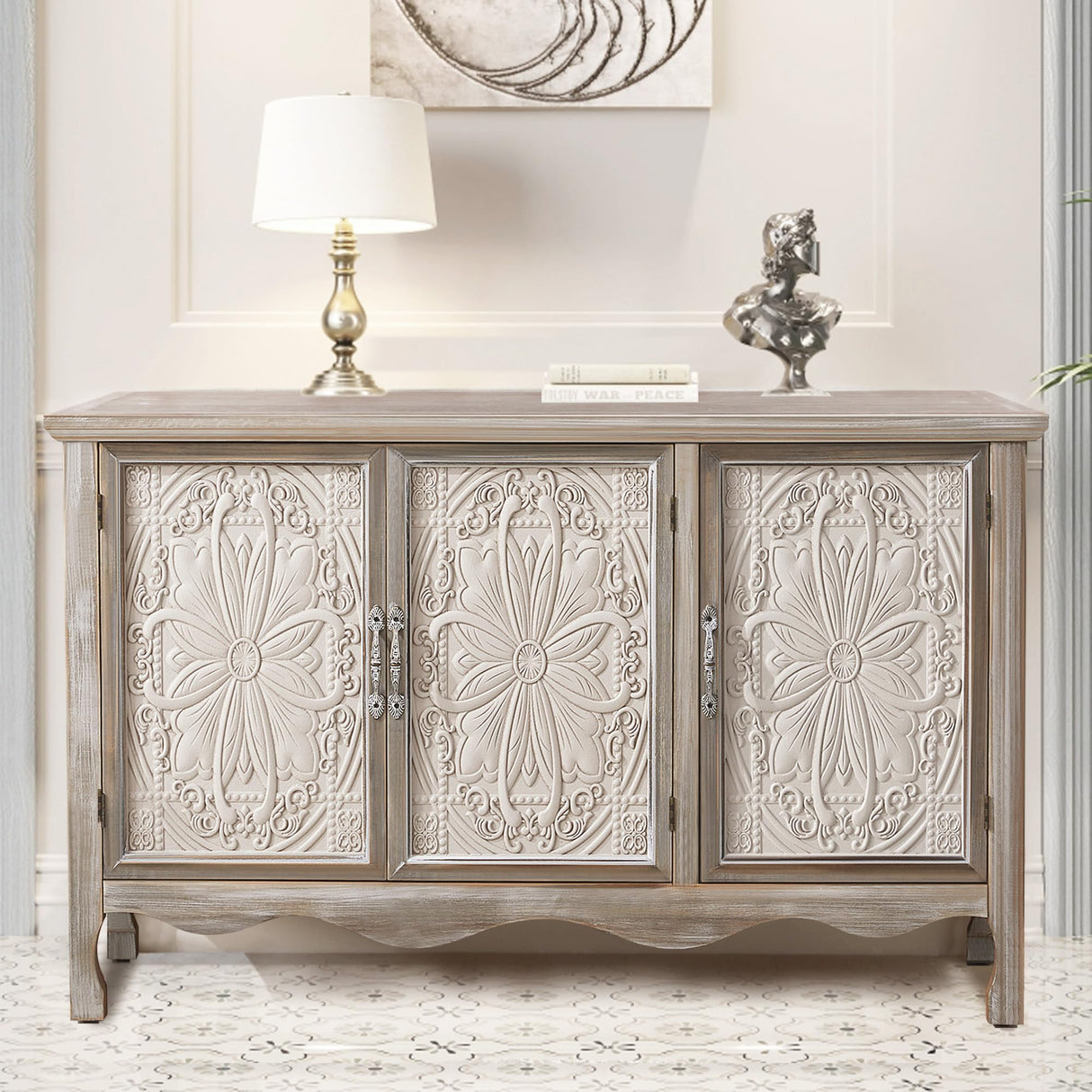 RoyalCraft Sideboard Buffet Cabinet with Storage,49'' Solid Wood Farmhouse Sideboard Credenza Accent Cabinet with 3 Craved Doors, TV Console Table for Entryway, Livng Room, Kitchen, Wash Grey RoyalCraft