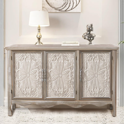 RoyalCraft Sideboard Buffet Cabinet with Storage,49'' Solid Wood Farmhouse Sideboard Credenza Accent Cabinet with 3 Craved Doors, TV Console Table for Entryway, Livng Room, Kitchen, Wash Grey