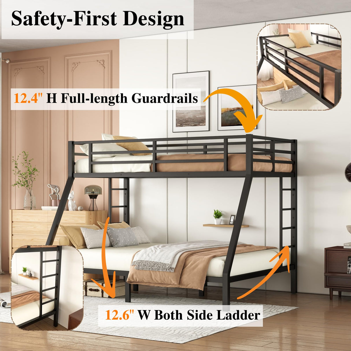 Bellemave Metal Bunk Bed Twin XL Over Queen with Ladder ＆ Full-Length Guardrails, Heavy Duty Bunk Bed Frame with Sturdy Slats, Twin XL Over Queen Bunk Beds, Noise Free, No Box Spring Needed, Black Bellemave