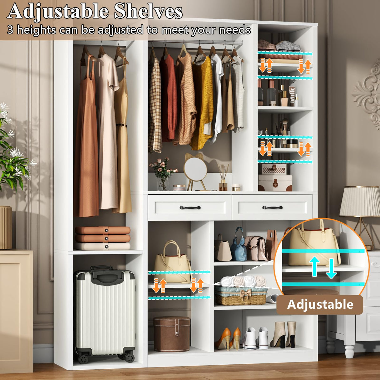 Armoire Wardrobe Closet with 2 Drawers, 81” H Wooden Wardrobe Closet with 10 Storage Shelves and 2 Hanging Rod, White Modern Armoire, Clothing Storage Cabinet Organizer Combination, Bedroom Furniture Gyfimoie