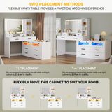 DWVO Large Vanity Desk with Mirror - RGB LED and Charging Station, Make up Vanity Mirror with 3 Lights Mode and Brightness Adjusted, Large Storage Space-10 Drawers, 3 Open Shelves, White DWVO