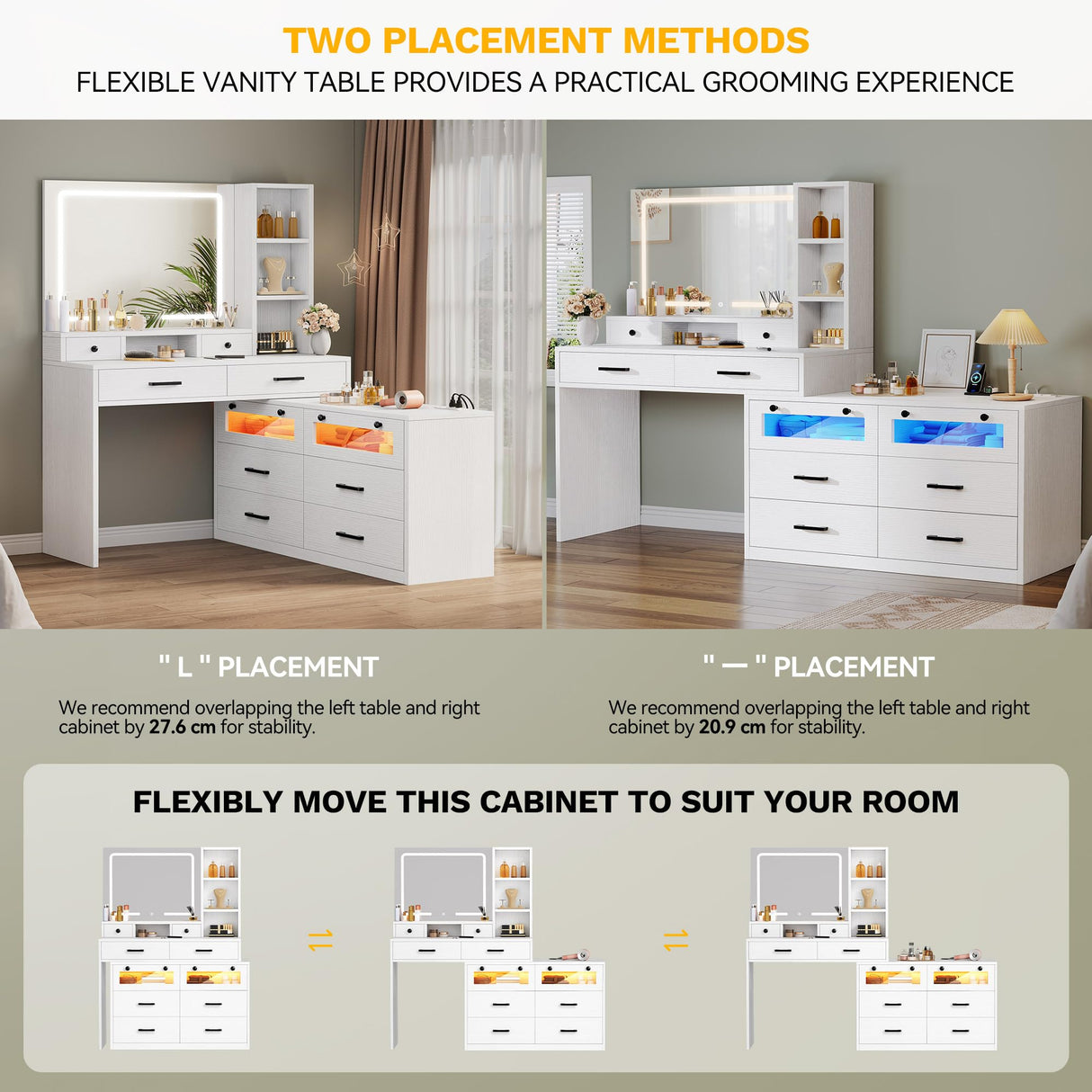 YITAHOME Vanity Desk with Mirror and Lights, RGB Makeup Vanity Table Set with 10 Drawers and 4 Storage Shelves, 3 Lighting Modes Adjustable, Large Makeup Dressing Table with Charging Station, White YITAHOME