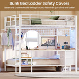 DICTAC Full Over Twin Size Bunk Bed with Desk and Led Lights Metal Loft Bed Frame with Charging Station,Storage Shelves and Drawers for Teen & Adults,Safety Guard & Ladder,No Box Spring Needed,White DICTAC