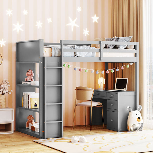 BIADNBZ High Loft Bed Twin Size with Desk, Drawers and Shelves, Wood Bedframe with Ladder, for Kids/Teens/Adults, Bedroom Furniture, Gray