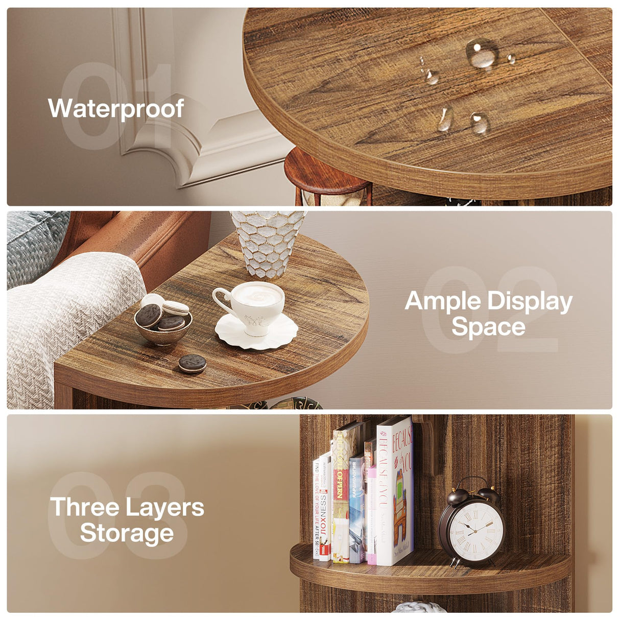 Tribesigns Set of 2 Half Round End Table, 3-Tier Industrial Semi Circle Side Table with Storage, Narrow Wood Sofa Side Table Nightstand Bedside Table Tribesigns