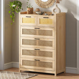 OTMCOOUCH Dresser for Bedroom with 6 Drawers, Natural Rattan Modern Wooden Tall Bedroom Dresser with Led Lights, Chest of Drawers for Bedroom, Living Room OTMCOOUCH