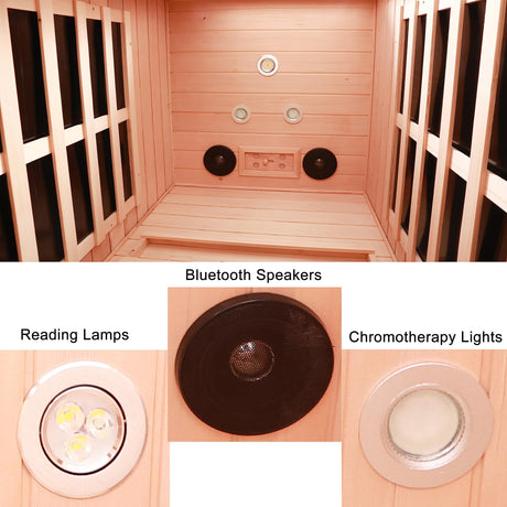 KUNSANA Ceramic Infrared Sauna 1 Person Infrared Sauna Hemlock Far Infrared Saunas for Home 2 in 1 Indoor Sauna Room with Low EMF Heaters + Ceramic Heating Cube-Chromotherapy-Bluetooth Speaker KUNSANA