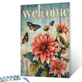 "welcome" Sign Paint by Numbers for Adults Beginners-Paint by Number Vintage Wood Grain,DIY Butterfly and Dahlia Acrylic Paint by Numbers Kits on Canvas for Adults Beginner 16x20inch(Without Frame) Tucocoo