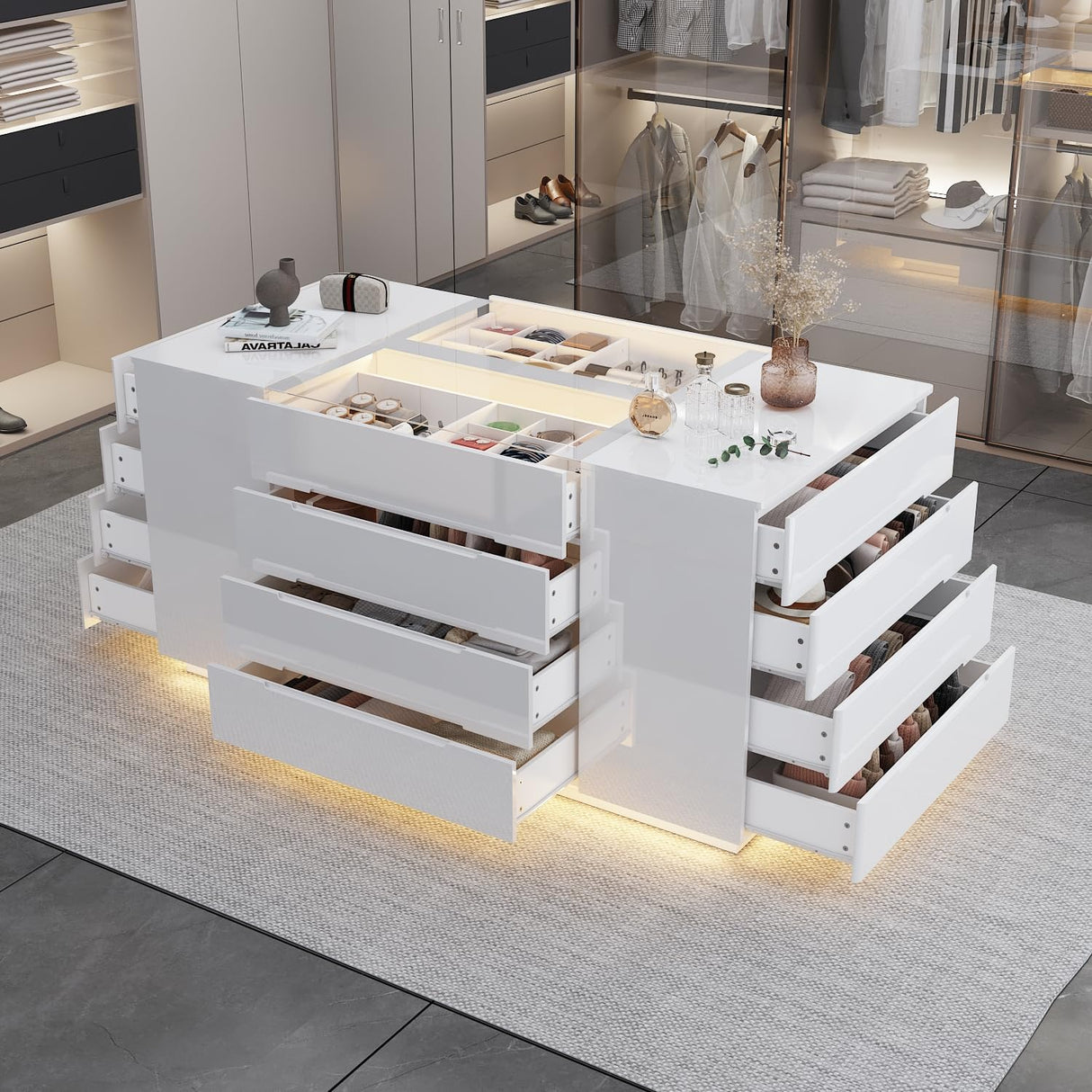 Homsee Armoire Bedroom Island with LED Light, Glass Tabletop & Storage Organizer, Wardrobe Closet Walk-in Island with 16 Drawers for Bedroom Shops, White Homsee