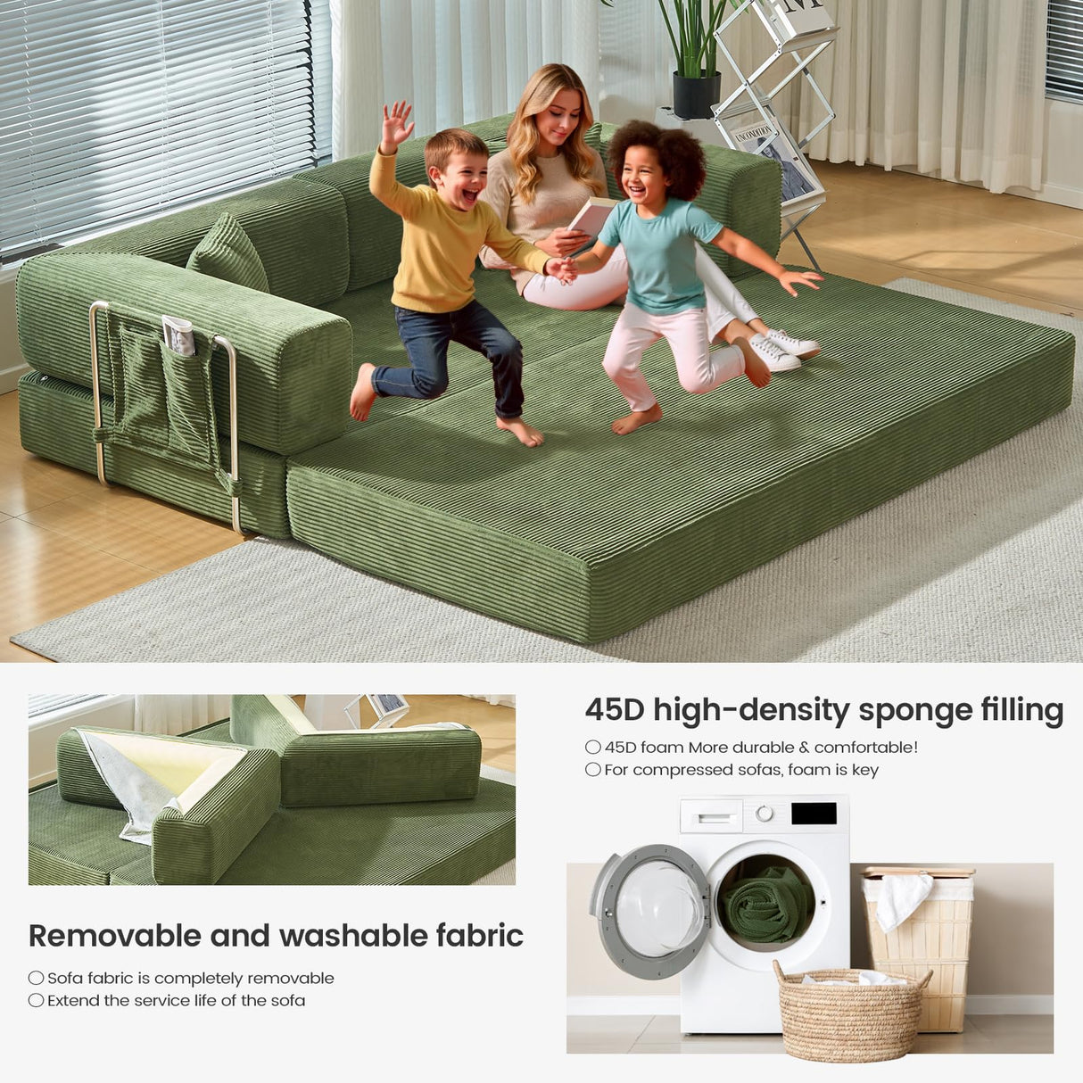 GEARIVY Folding Sofa Bed Convertable Corduroy Couch King Size Floor Sleeper 4-in-1 DIY Combination Modular Sofa Fold Out Futon Lounge Comfy Foldable Lazy cama for Living Room (Green, 70.86") GEARIVY