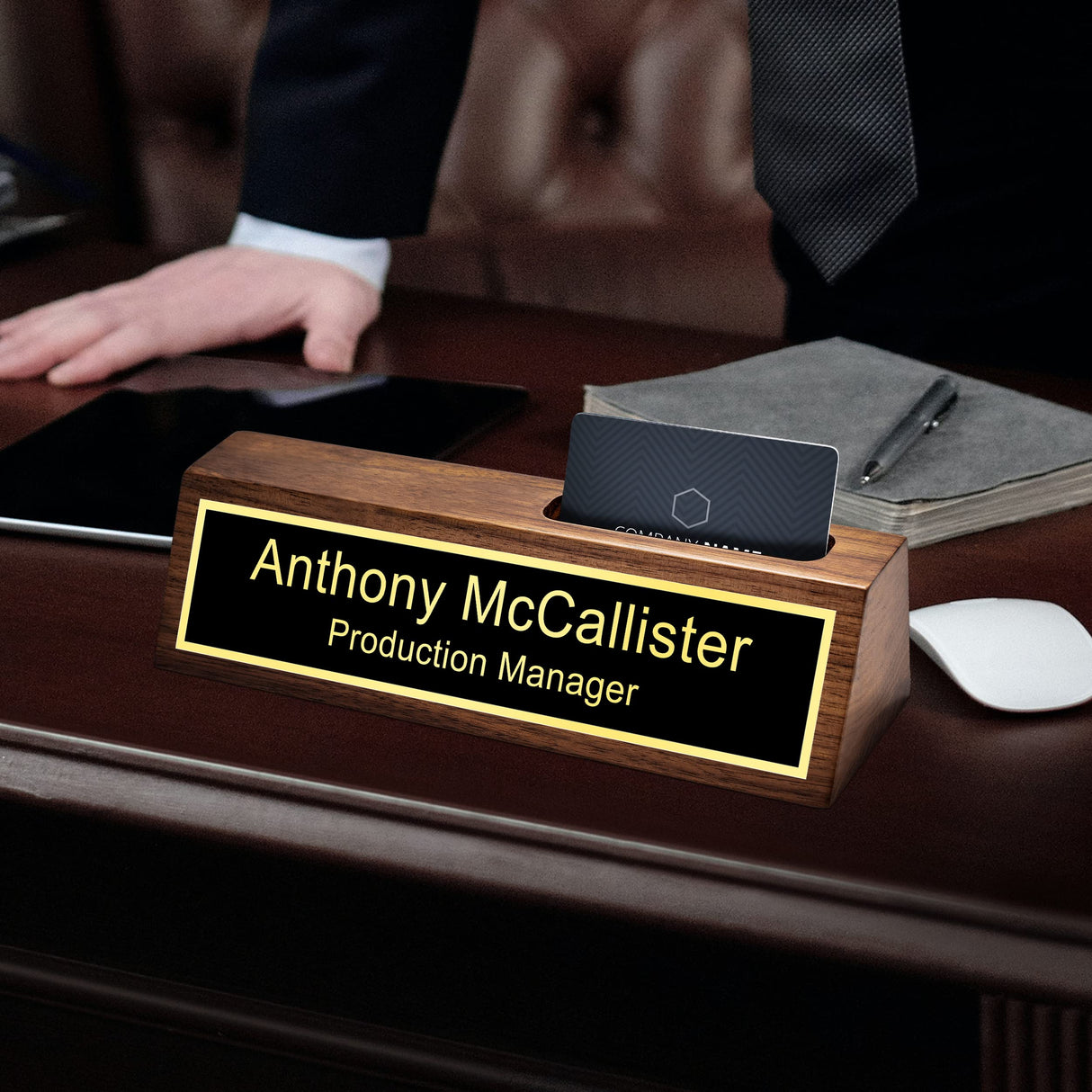 Custom Name Plate for Desk with Card Holder, Business Wood Desktop Name Holder Personalized, Office Desk Gold Decor Accessories, Gifts for Colleague KWOOD