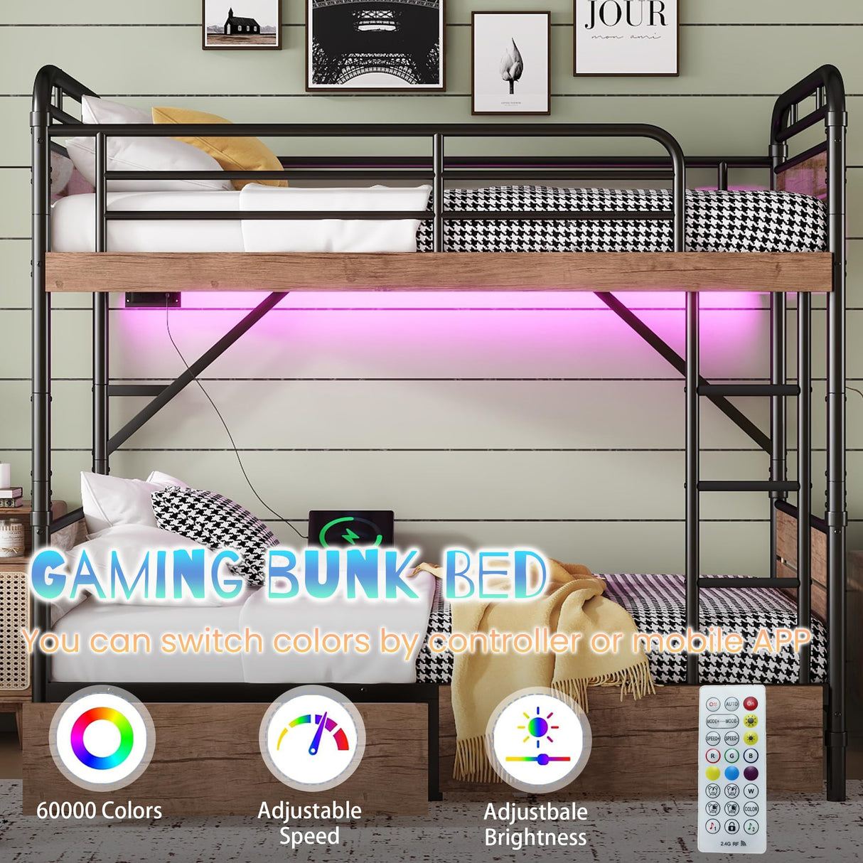 Twin XL Bunk Beds with LED Light and Charge Station for Kids and Teens , Industrial Heavy-Duty 2 IN 1 Convertible Gaming Bunk Bed with 2 Storage Drawers ,15.9" High Guard Rail,Space-Saving ,Black MoproBeti