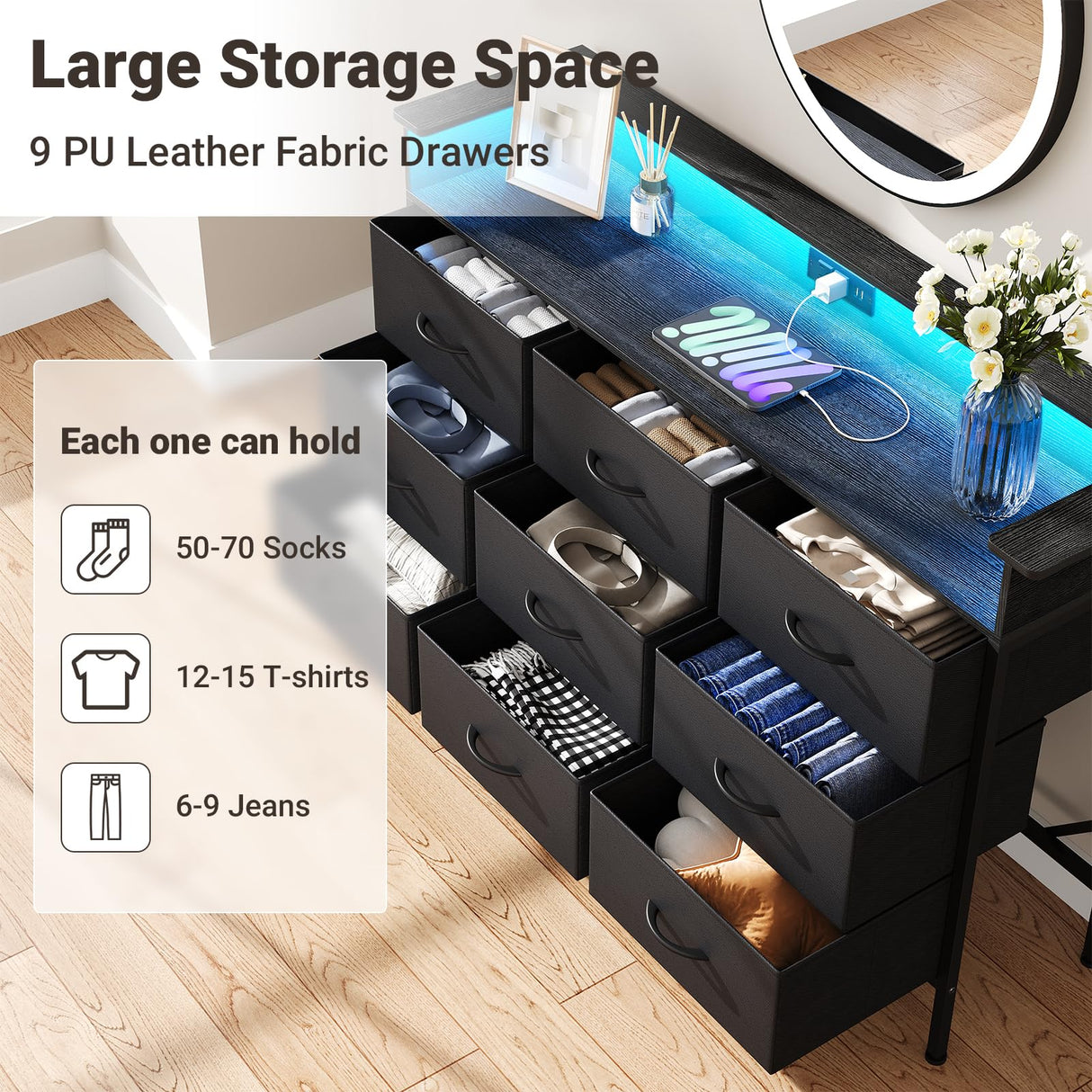 ELYKEN Black Dresser for Bedroom with LED Light & Charging Station, 9 PU Finish Fabric Drawers Dressers & Chest of Drawer with USB Outlet for for Entryway Closet Living Room Hallway ELYKEN