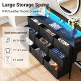 ELYKEN Black Dresser for Bedroom with LED Light & Charging Station, 9 PU Finish Fabric Drawers Dressers & Chest of Drawer with USB Outlet for for Entryway Closet Living Room Hallway ELYKEN