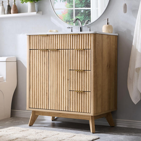 T4TREAM 30" Fluted Bathroom Vanity with Ceramic Sink Combo，Freestanding Modern Bathroom Storage Vanity Cabinet with 2 Soft Closing Doors & 3 Drawers，Wood Grain Texture，Metal Handle，Natural Oak T4TREAM