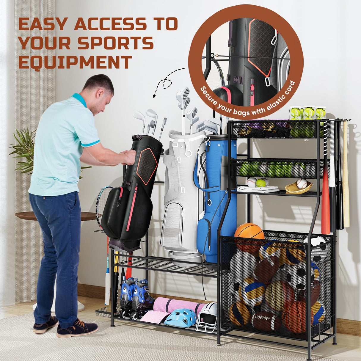 Homiesetify Garage Sports Equipment Organizer, 3 Golf Bag Organizer Stand Heavy-Duty Ball Storage Rack with Basket and Hooks, Ball Storage Cart for Toy Sports Gear Storage, Black (Large) Homiesetify