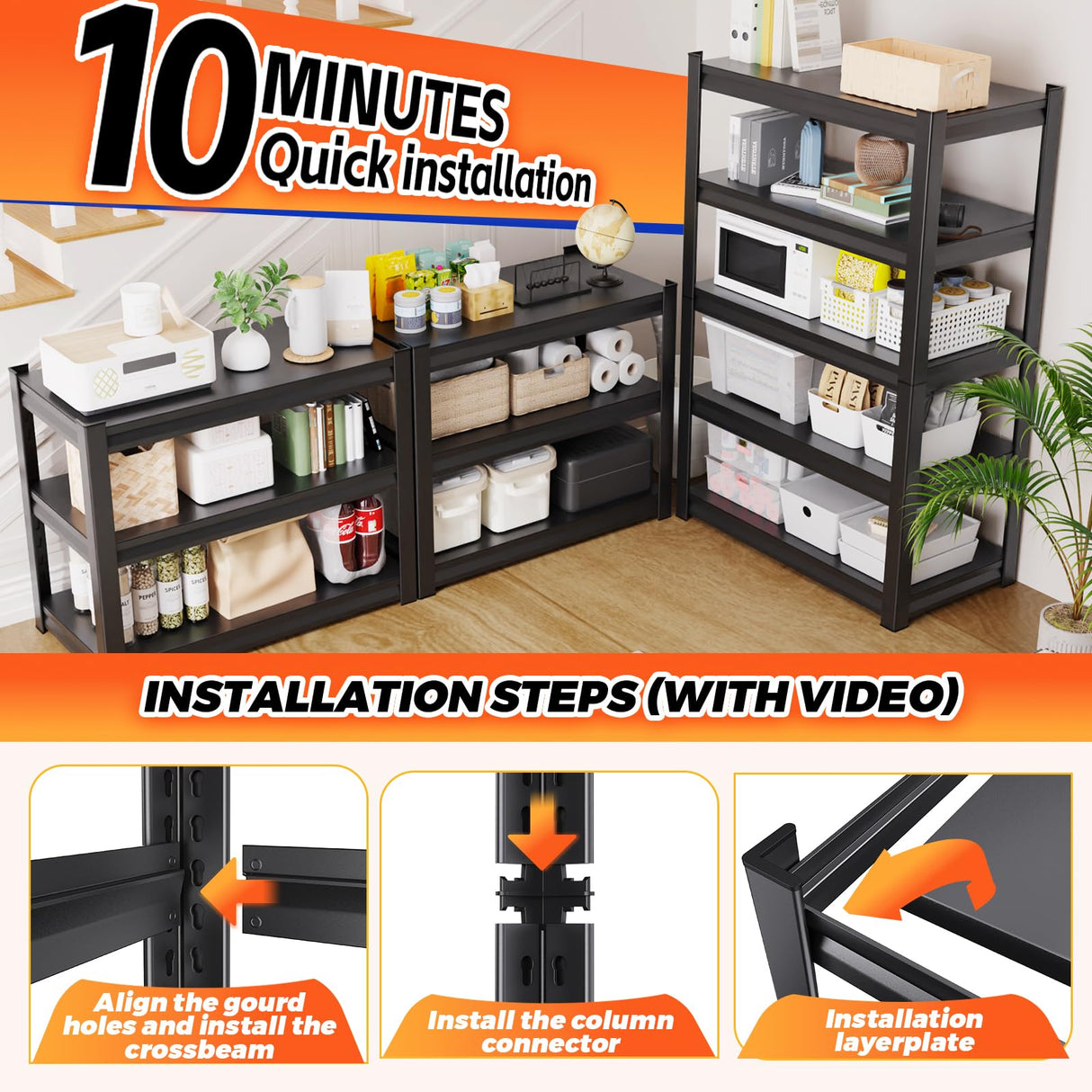 FFVVGH 72 ”H Garage Shelving Heavy Duty, Garage Storage Shelves 2500LBS Industrial Shelving Unit, Adjustable Metal Shelving, Steel Garag Organizer, Rack Shelf for Basement, 72 ”H×36”W×16”D FFVVGH