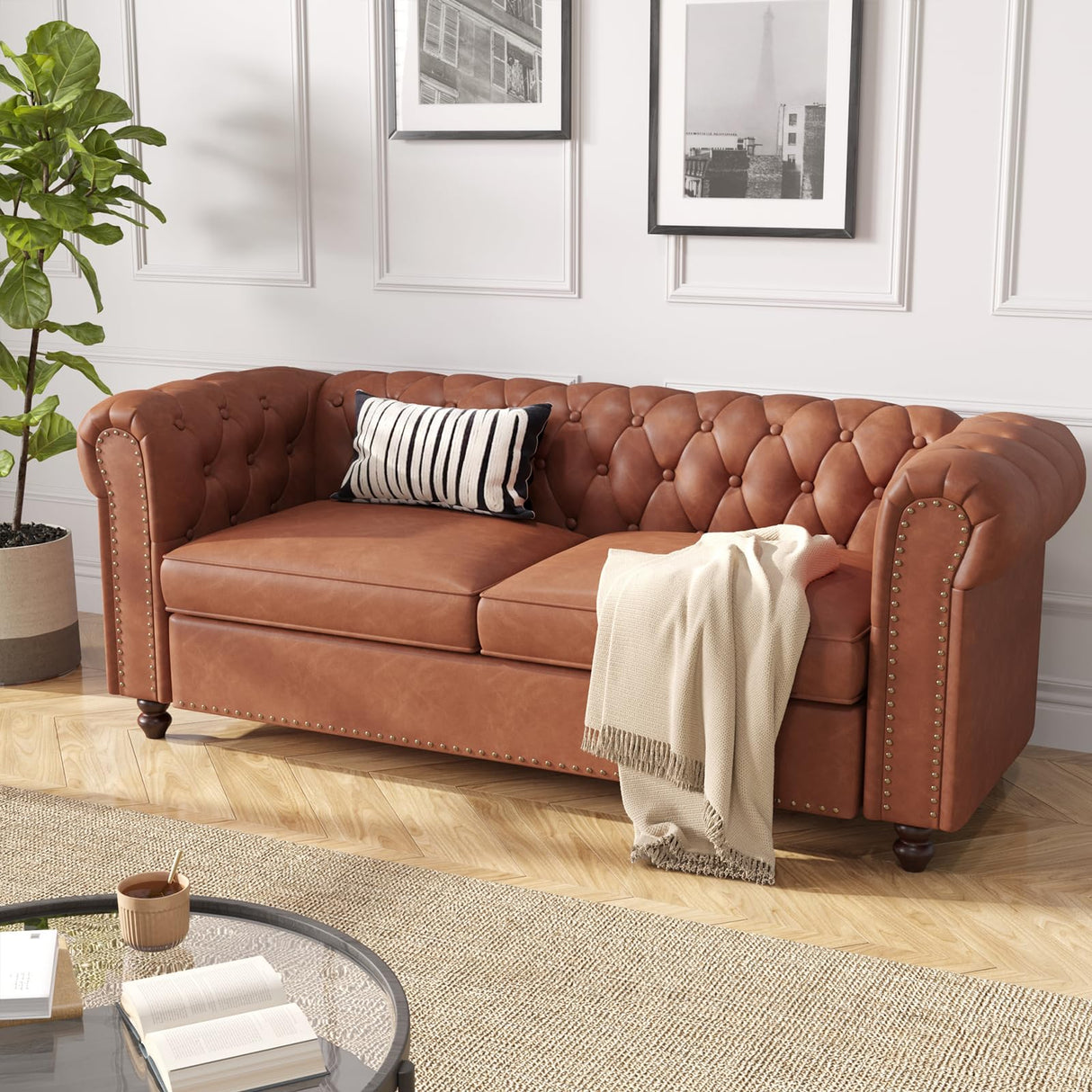FiveWillowise 72 Inch Brown Couch, Chesterfield Faux Leather Sofa with Wooden Legs, Vintage Tufted Sofa with Rolled Arms, Mid Century Modern Couch with Rivets for Living Room, Apartment, Office FiveWillowise