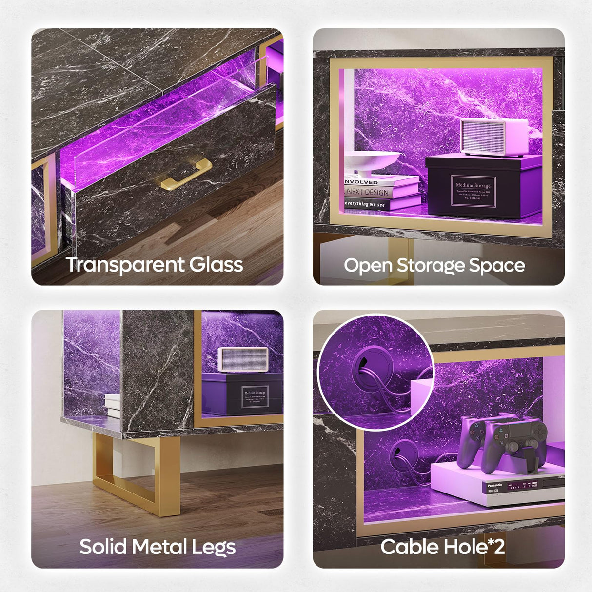 Bestier 80 Inch TV Stand for 65/75/85/90 Inch TVs, LED Gaming Entertainment Center with Open Storage and Half-Glass Design Drawer, Modern High Gloss Media Console for Living Room Bedroom, Black Marble Bestier