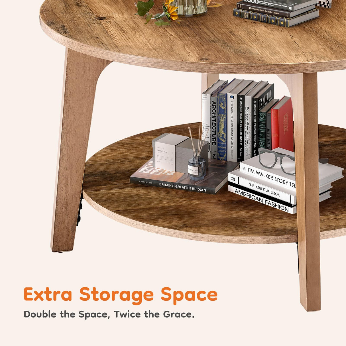 DUMOS Round Coffee Table, 32'' Wood Coffee Tables for Living Room with Storage, 2-Tier Center Circle Counter with Wooded Desktop, 50 lbs Capacity, Anti-Slip Feet, Modern Farmhouse Design, Tank DUMOS