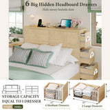 Yechen Natural Rattan Queen Bed with 10 Storage Drawers and Wide Storage Headboard, 48" Tall Boho Wooden Bed Frame Steel Stand and Charging Station, Sturdy Bamboo Bed, No Box Spring Needed/Noise Free Yechen