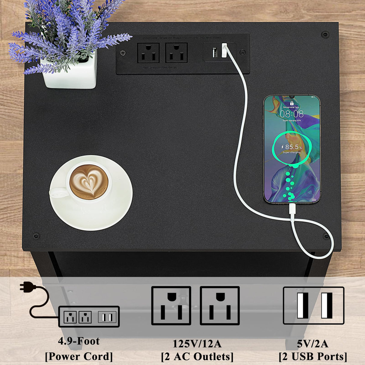 Lerliuo Nightstand with Charging Station and USB Ports, 3-Tier Storage End Table with Drawer Shelf, Night Stand for Small Spaces, Wood Bed Side Table for Living Room, Bedroom - Classic Black Lerliuo