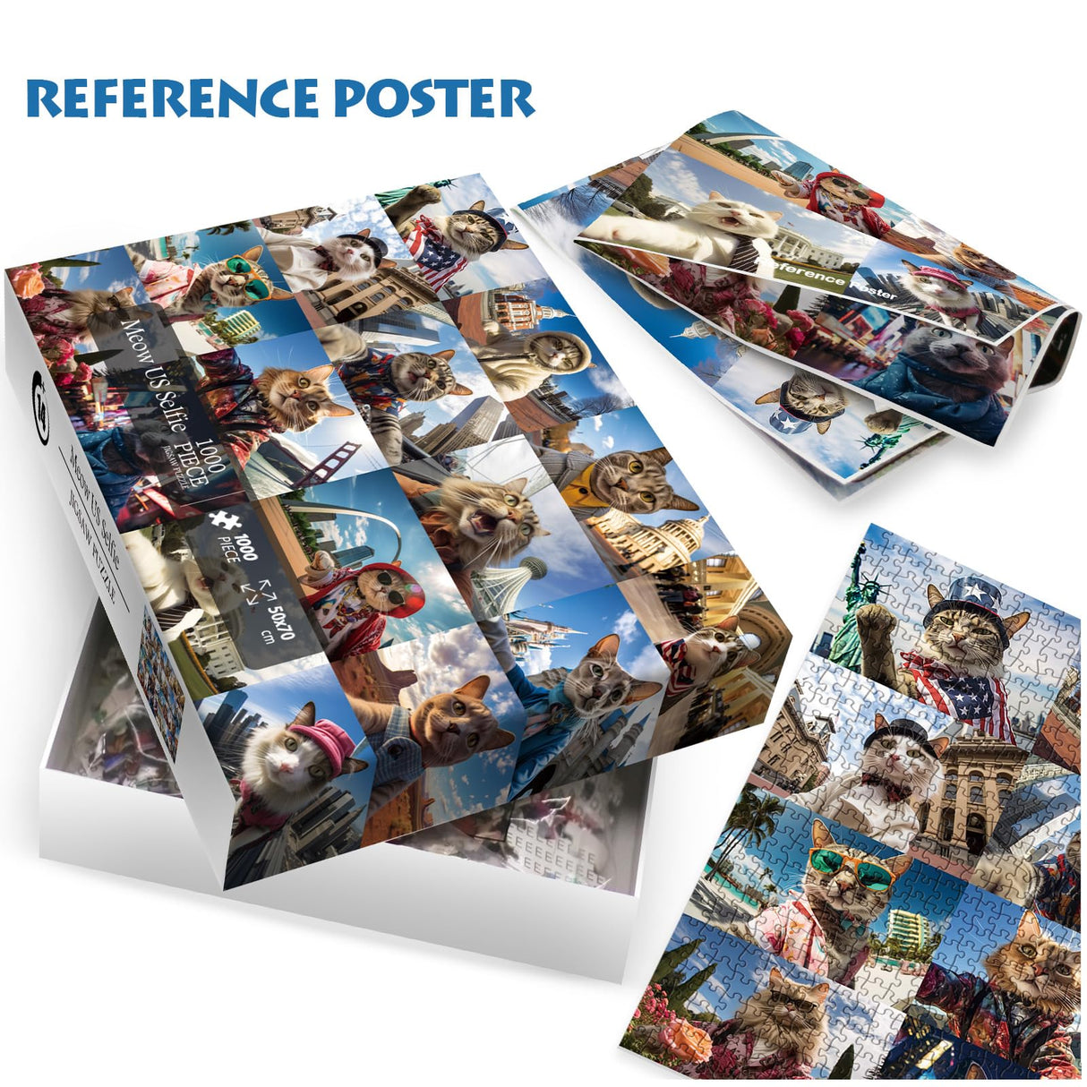 Funny Cat Art Puzzles for Adults 1000 Pieces, Nature Travel Kitten US Landmarks Jigsaw Puzzles, Animal Landscape Collage Scenic Puzzle IdeaBazar