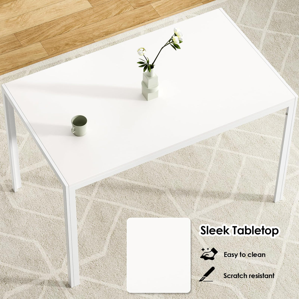 Farini White Dining Table for 4-6 Person,47" Rectangular Wooden Dining Table Top and Metal Frame for Home Kitchen Dining Desk (47 inch,White) Farini