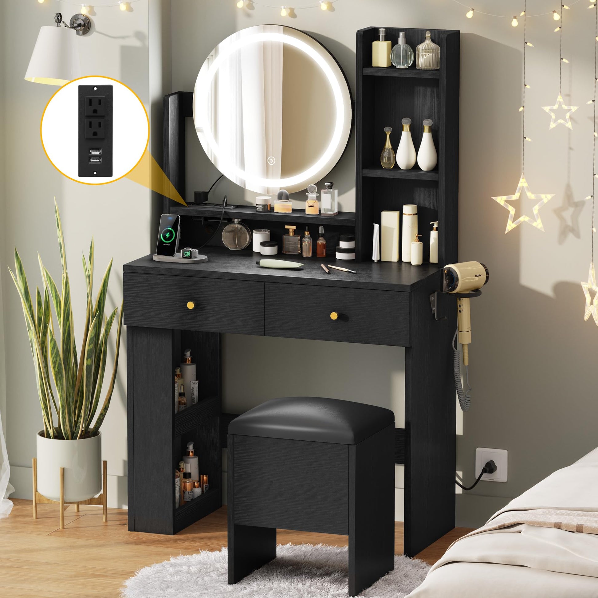 DWVO Makeup Vanity Desk with LED Lighted Mirror, Black Vanity Set with Charger Station, Small Spaces Vanity Table for Bedroom, Adjustable 3 Lighting Modes, Makeup Table with Chair for Girl, 3 - WoodArtSupply