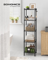 SONGMICS 5-Tier Bathroom Shelf, Storage Rack for Small Space, with 5 PP Shelf Liners, Removable Hook, Extendable Design, Ink Black and Translucent ULGR23BK SONGMICS