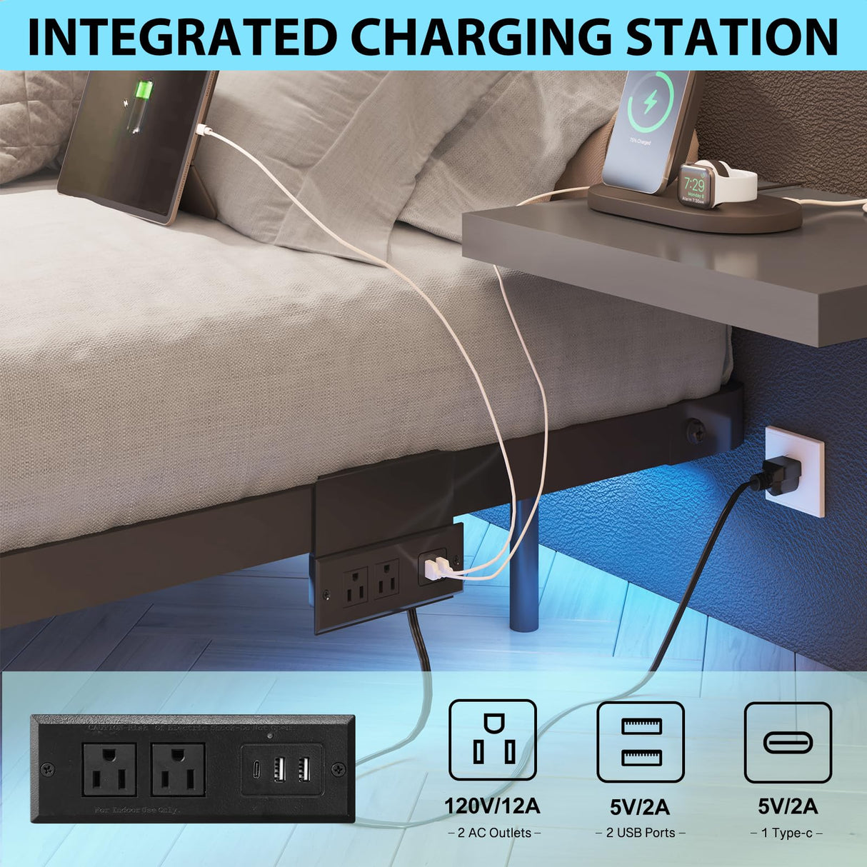 YGEOMER Full Size Floating Bed Frame with Charging Station, Modern Metal Platform Bed Frame with LED Light, Easy Assembly, Black YGEOMER