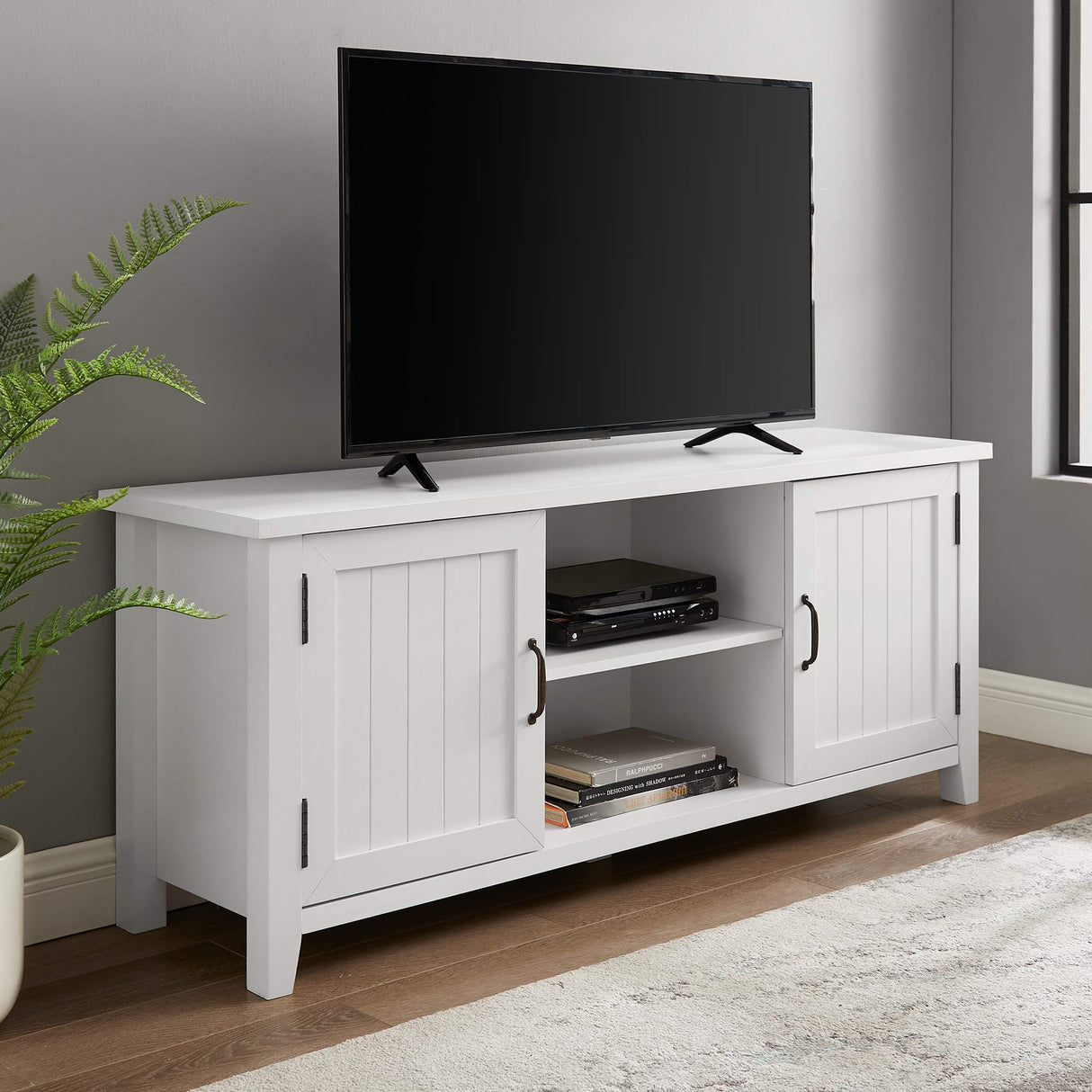 Walker Edison Buren Classic Grooved Door TV Stand for TVs up to 65 Inches, 58 Inch, Solid White Walker Edison