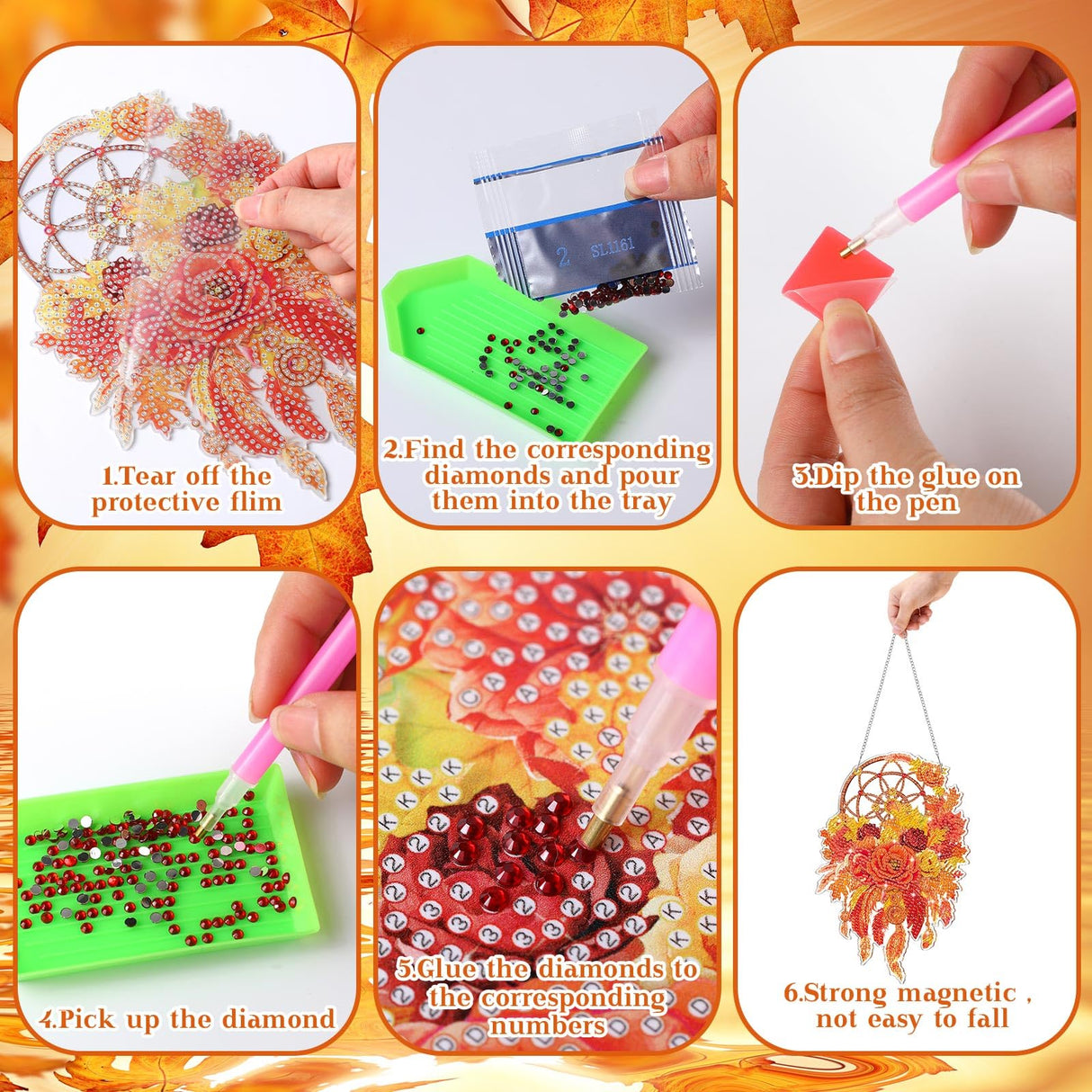 Saillong 2 Pcs Fall Thanksgiving Diamond Art Hanging Kits for Adults DIY Thanksgiving Diamond Painting Suncatcher Fall Pumpkin Dream Catcher Hanging Decor Autumn Wind Chime Decor for Home Wall Window Saillong